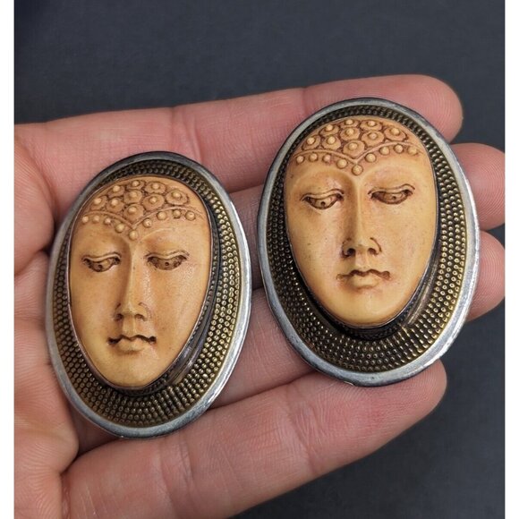 Tabra Guan Yin Buddha Goddess Resin Face Sterling Silver Earrings Pendant Set - Picture 12 of 16